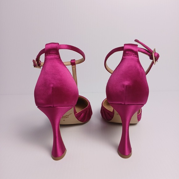 Jewel Badgley Mischka Mayra Fuchsia Pink Satin Crystal T-Strap Pumps Womens 6 - Picture 6 of 12